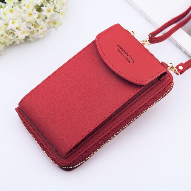 New Women Purses Solid Color Leather Shoulder Strap Bag Mobile Phone Bag Card Holders Wallet Handbag Pockets for Girls